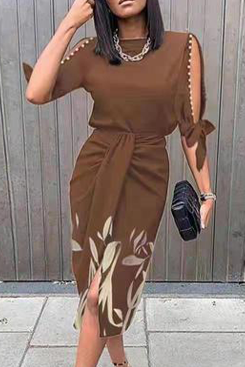 Print O Neck Waist Skirt Dresses(5 Colors)