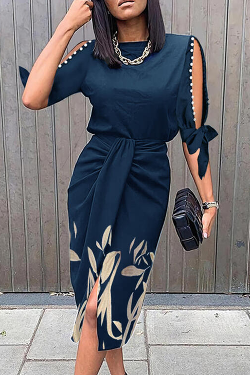 Print O Neck Waist Skirt Dresses(5 Colors)