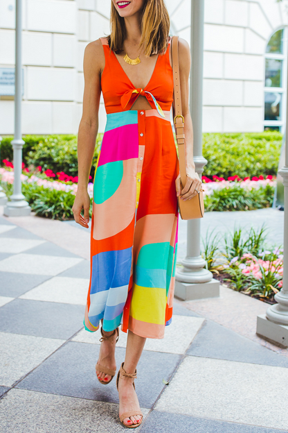 Print Patchwork V Neck Cake Skirt Dresses