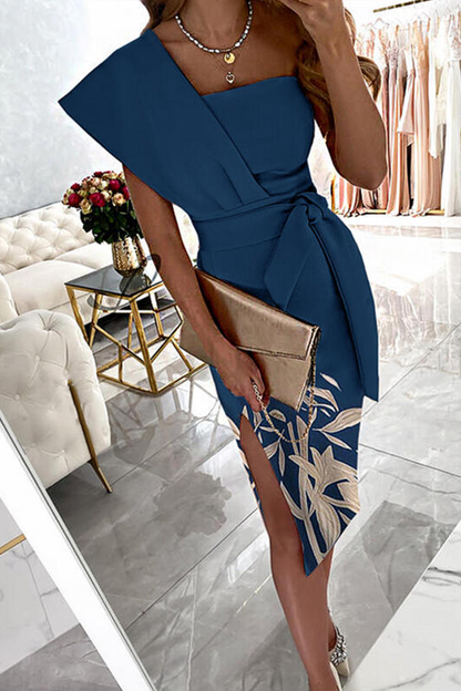Print Split Joint One Shoulder Pencil Skirt Dresses(3 Colors)