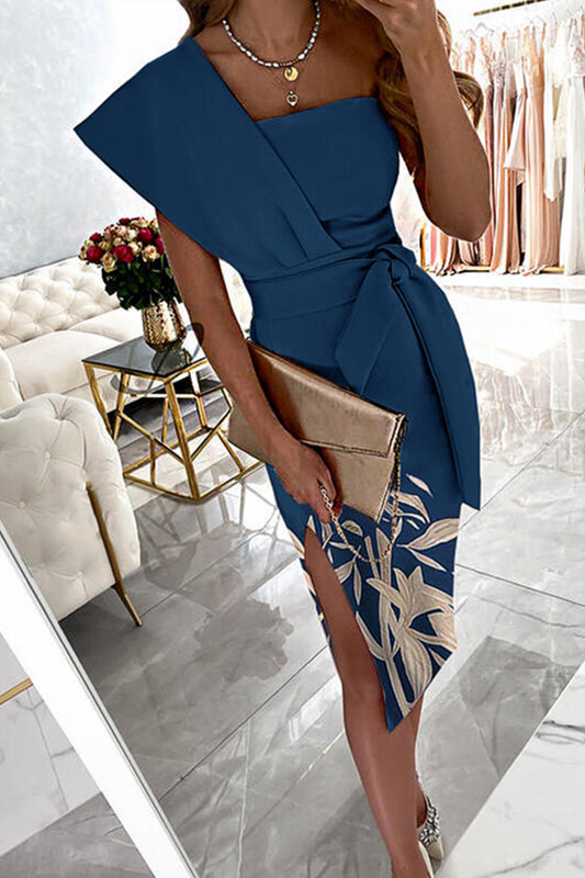 Print Split Joint One Shoulder Pencil Skirt Dresses(3 Colors)