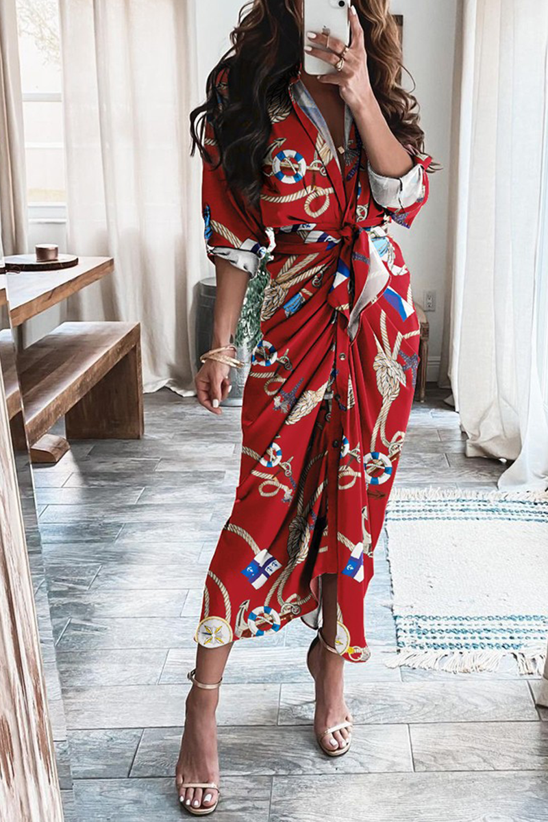 Print Patchwork V Neck Waist Skirt Dresses(12 Colors)