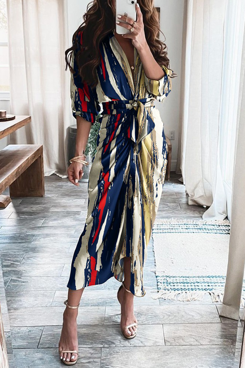 Print Patchwork V Neck Waist Skirt Dresses(12 Colors)