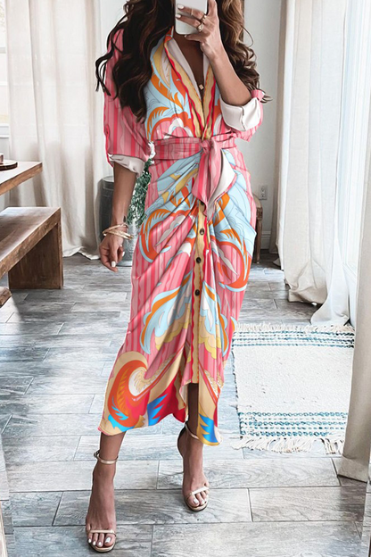 Print Patchwork V Neck Waist Skirt Dresses(12 Colors)