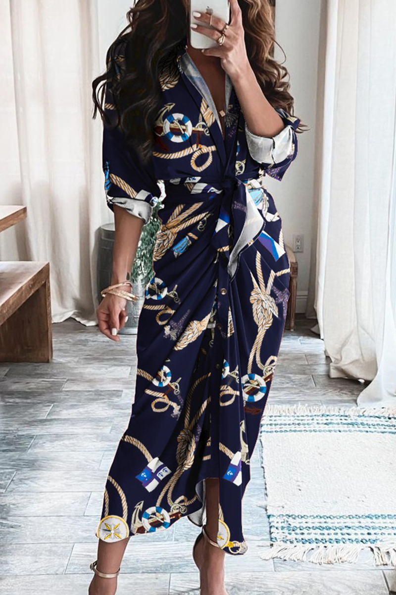 Print Patchwork V Neck Waist Skirt Dresses(12 Colors)