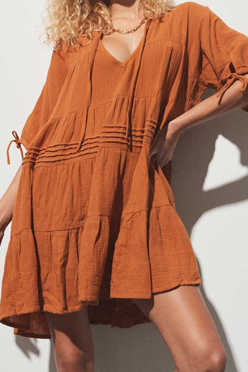 Draw String V Neck Cake Skirt Dresses