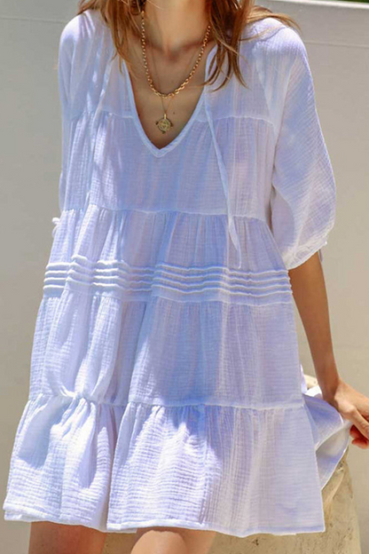 Draw String V Neck Cake Skirt Dresses