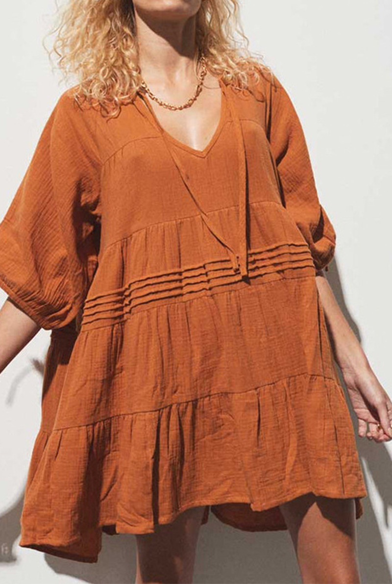 Draw String V Neck Cake Skirt Dresses