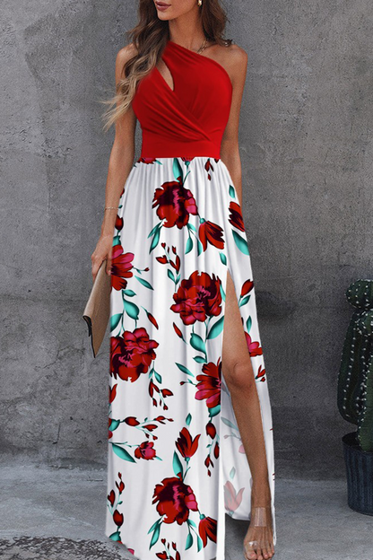 Patchwork Slit One Shoulder Waist Skirt Dresses(10 Colors)