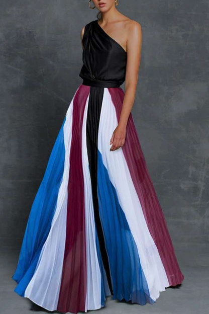 Print Patchwork One Shoulder Cake Skirt Dresses(6 Colors)