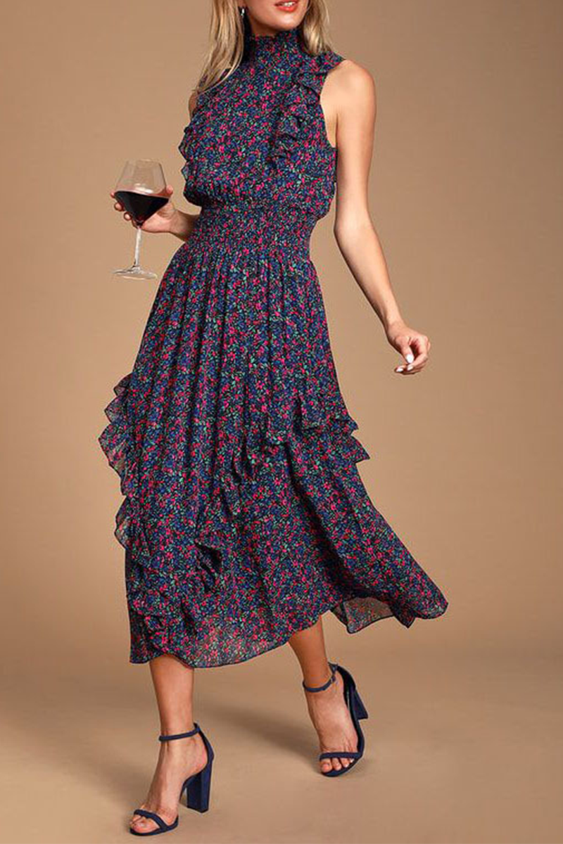 Print Flounce Half a Turtleneck Waist Skirt Dresses