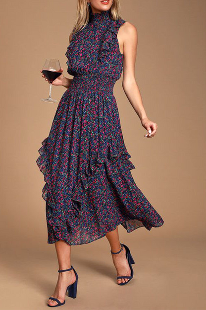 Print Flounce Half a Turtleneck Waist Skirt Dresses
