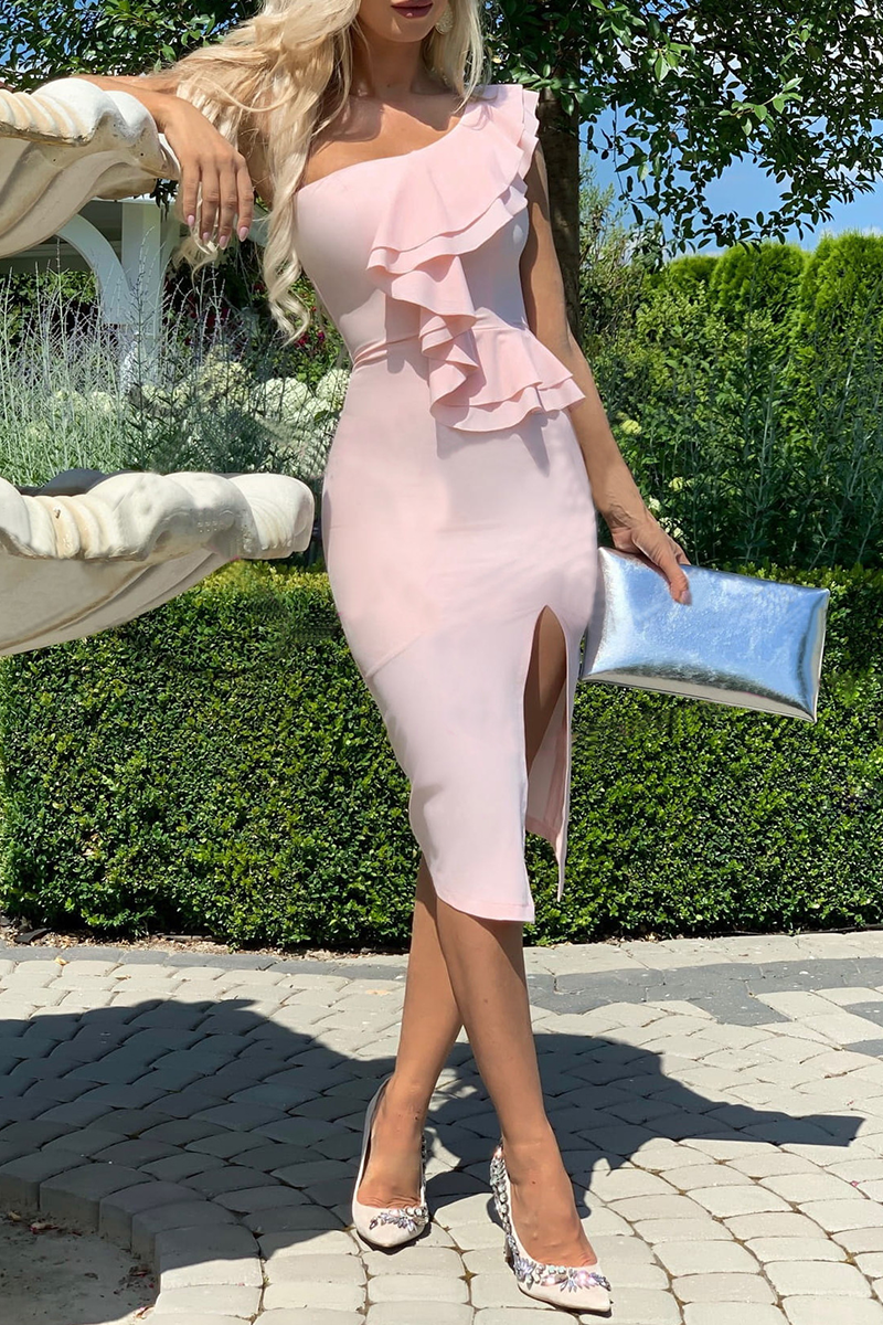 Flounce One Shoulder Pencil Skirt Dresses(3 Colors)