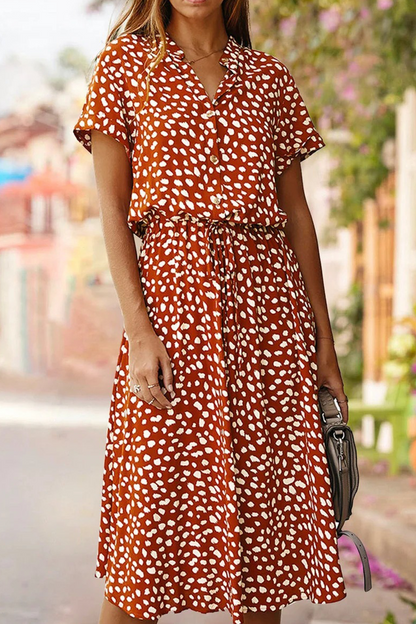 Print Split Joint Turndown Collar Waist Skirt Dresses(8 Colors)