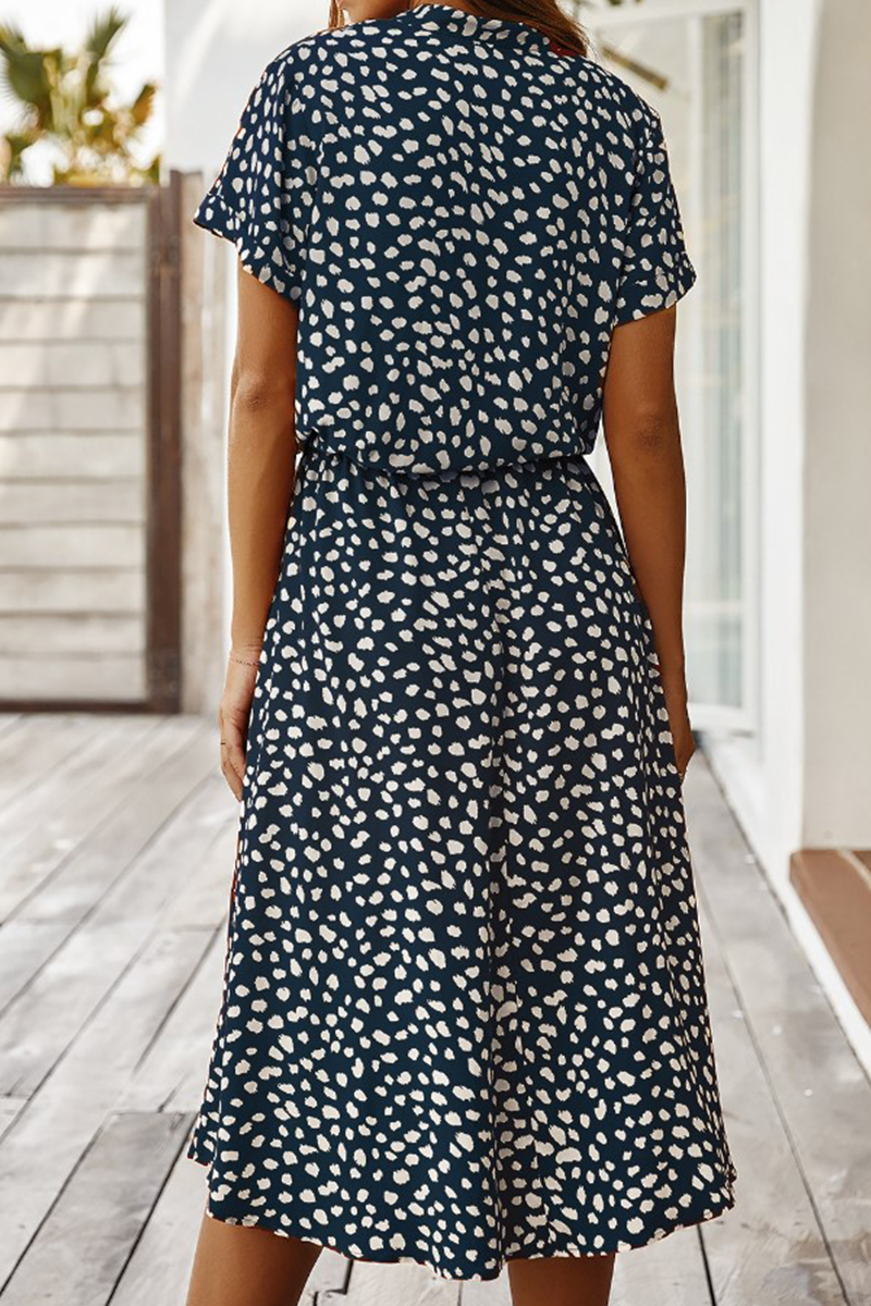 Print Split Joint Turndown Collar Waist Skirt Dresses(8 Colors)