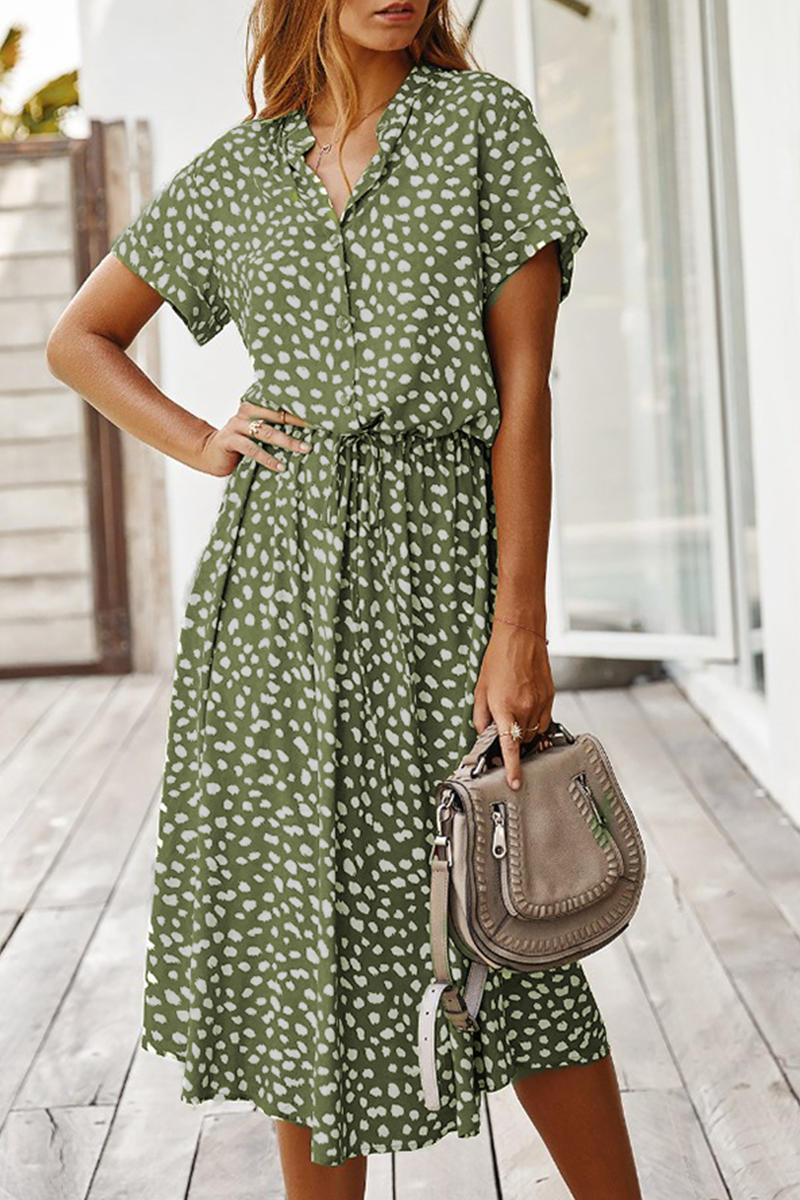 Print Split Joint Turndown Collar Waist Skirt Dresses(8 Colors)
