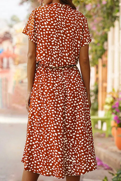 Print Split Joint Turndown Collar Waist Skirt Dresses(8 Colors)