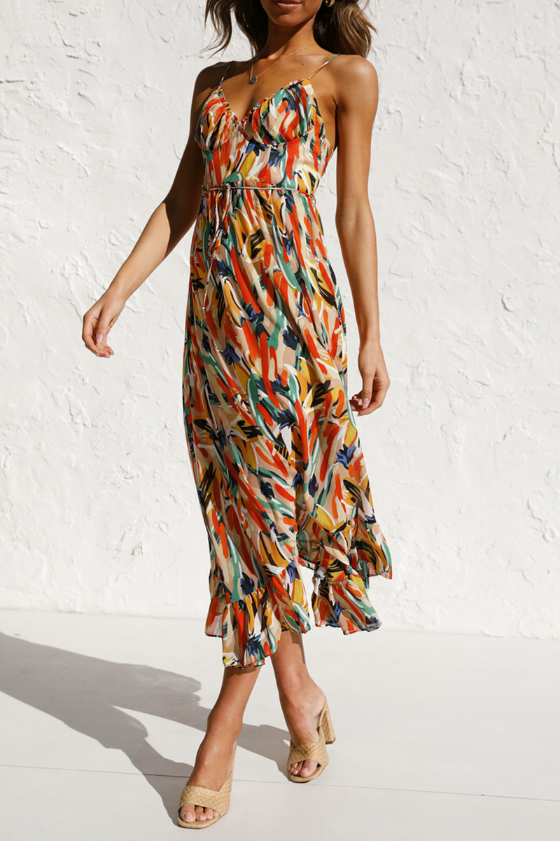 Print Patchwork Spaghetti Strap Cake Skirt Dresses
