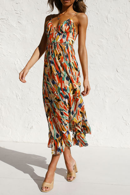 Print Patchwork Spaghetti Strap Cake Skirt Dresses