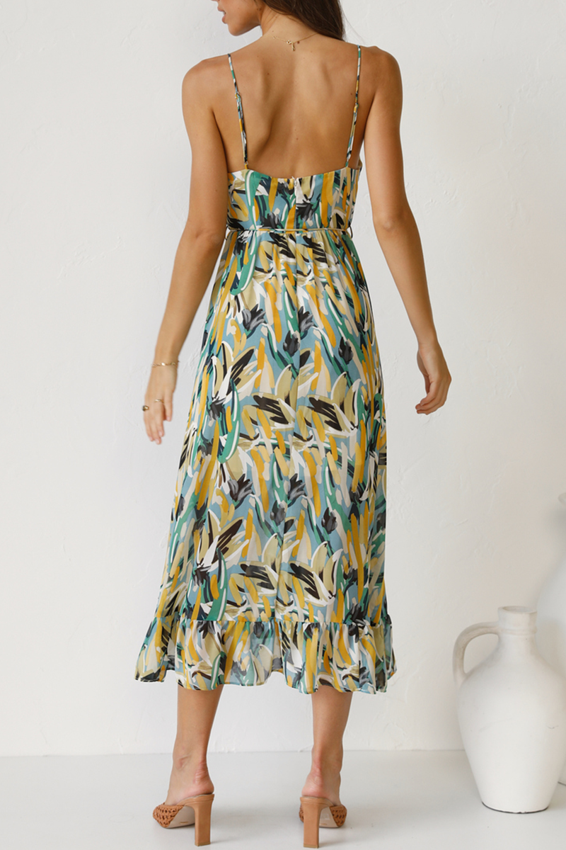 Print Patchwork Spaghetti Strap Cake Skirt Dresses