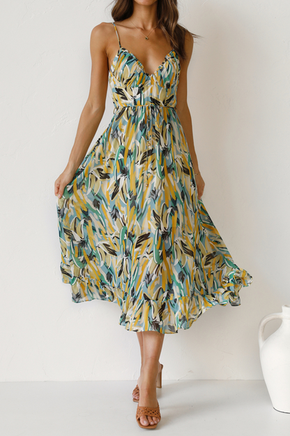 Print Patchwork Spaghetti Strap Cake Skirt Dresses