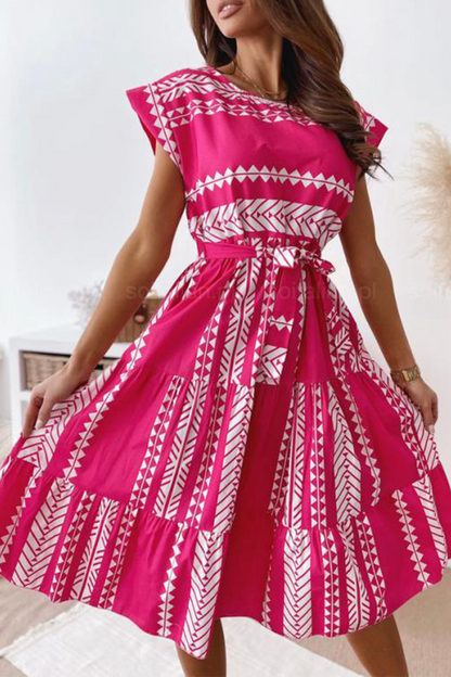 Print Split Joint O Neck Waist Skirt Dresses
