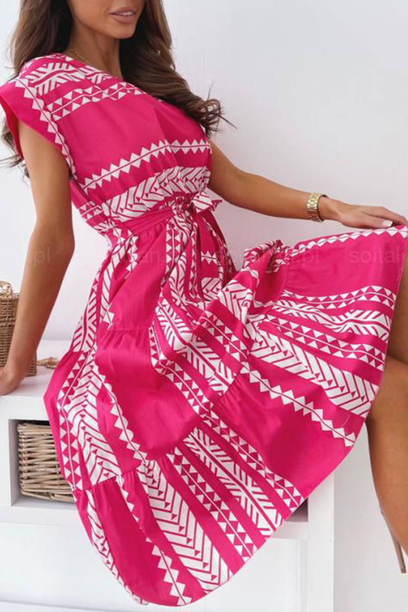 Print Split Joint O Neck Waist Skirt Dresses
