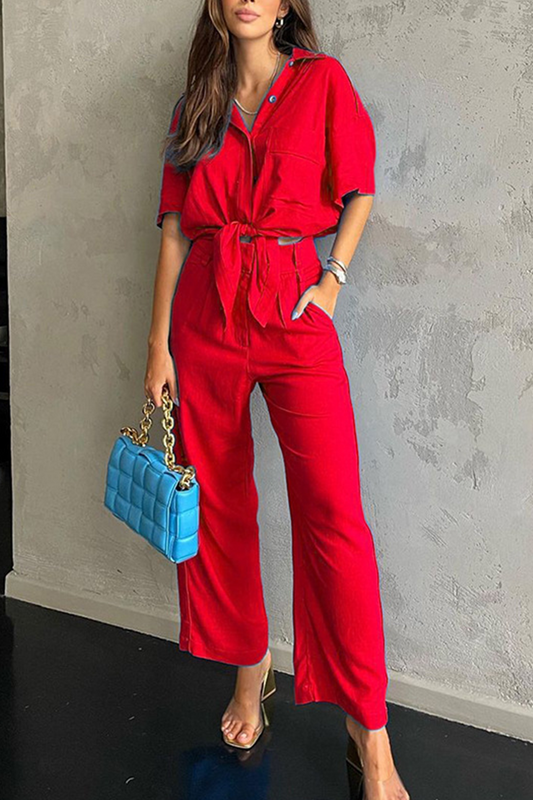 Patchwork Turndown Collar Short Sleeve Two Pieces