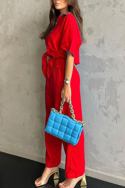 Patchwork Turndown Collar Short Sleeve Two Pieces