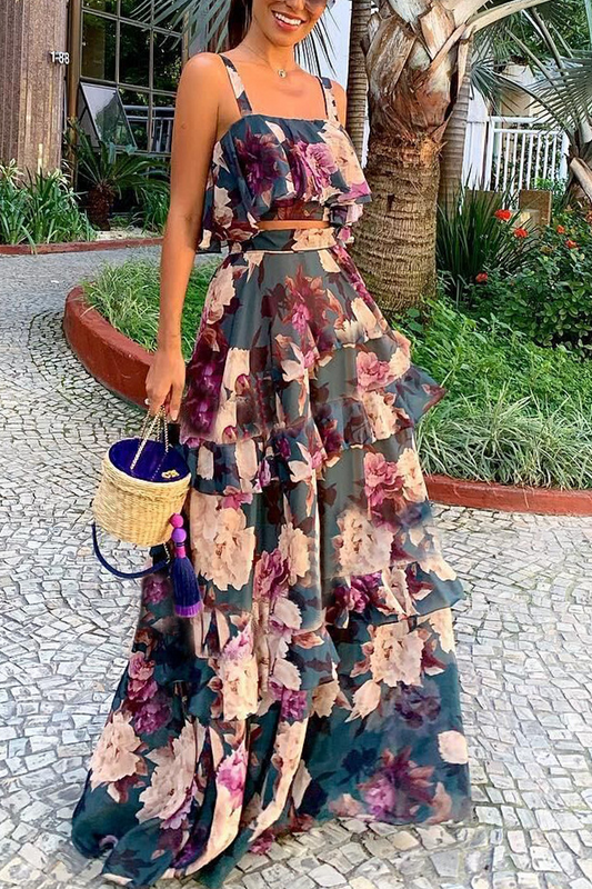 Print Flounce Spaghetti Strap Sleeveless Two Pieces