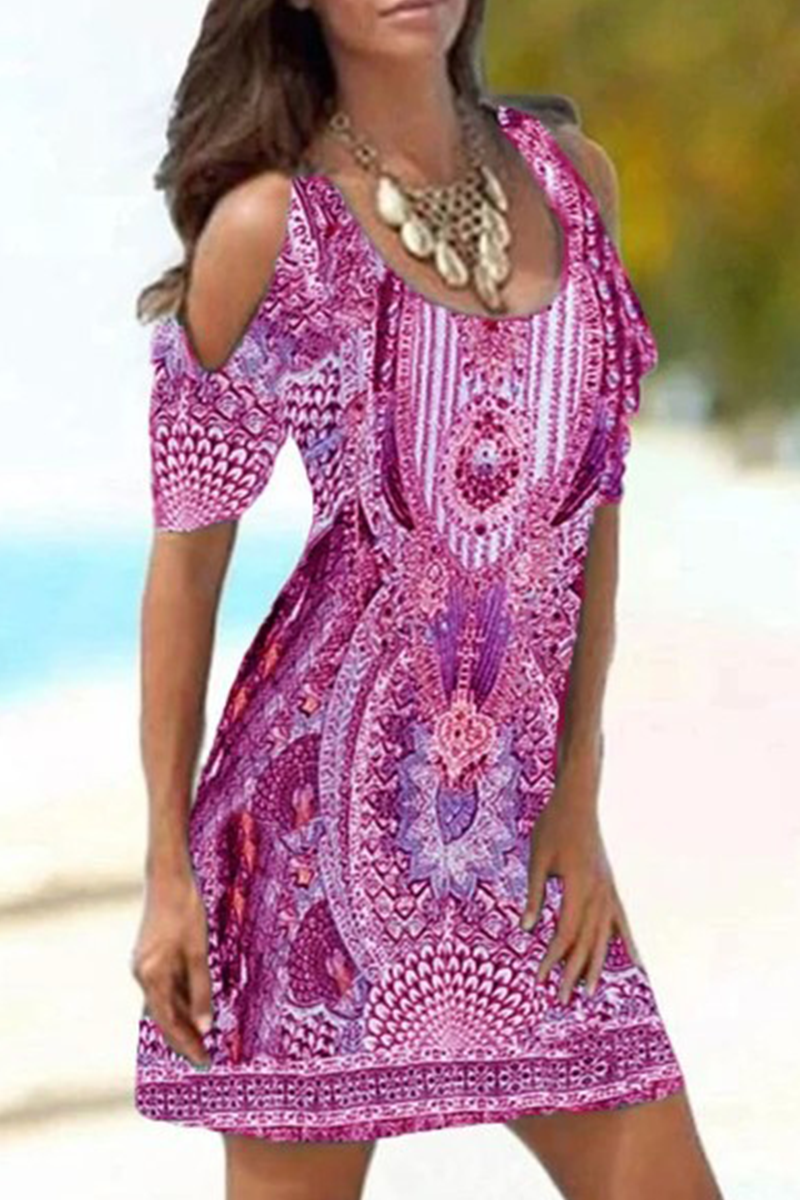 Print Split Joint U Neck Pencil Skirt Dresses