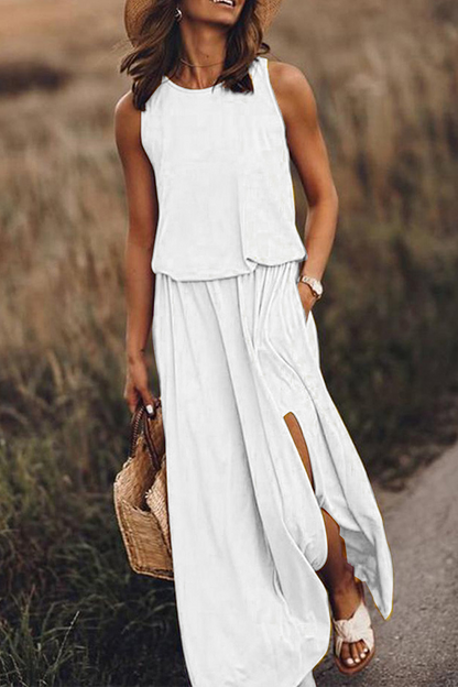 Patchwork Slit O Neck Waist Skirt Dresses(8 Colors)