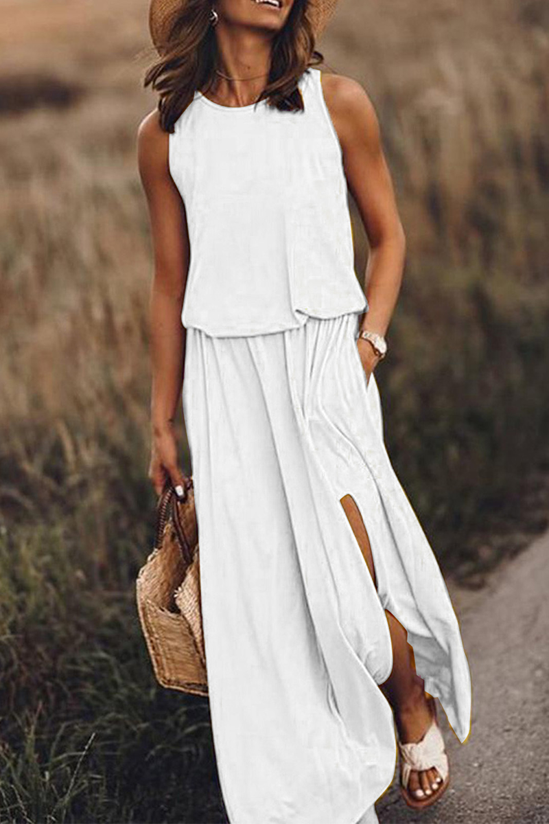 Patchwork Slit O Neck Waist Skirt Dresses(8 Colors)
