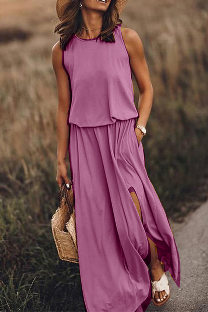 Patchwork Slit O Neck Waist Skirt Dresses(8 Colors)