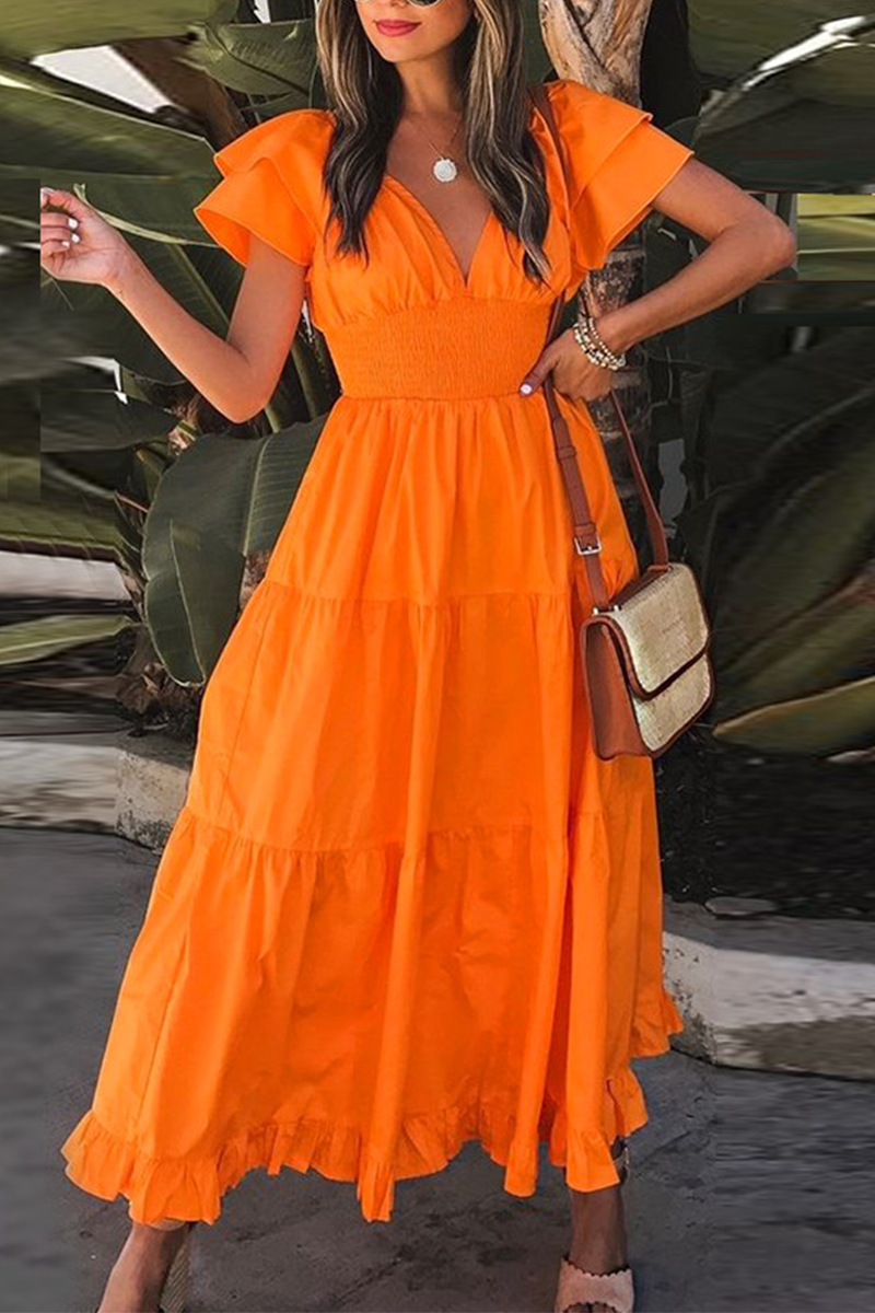 Flounce V Neck Waist Skirt Dresses(3 Colors)
