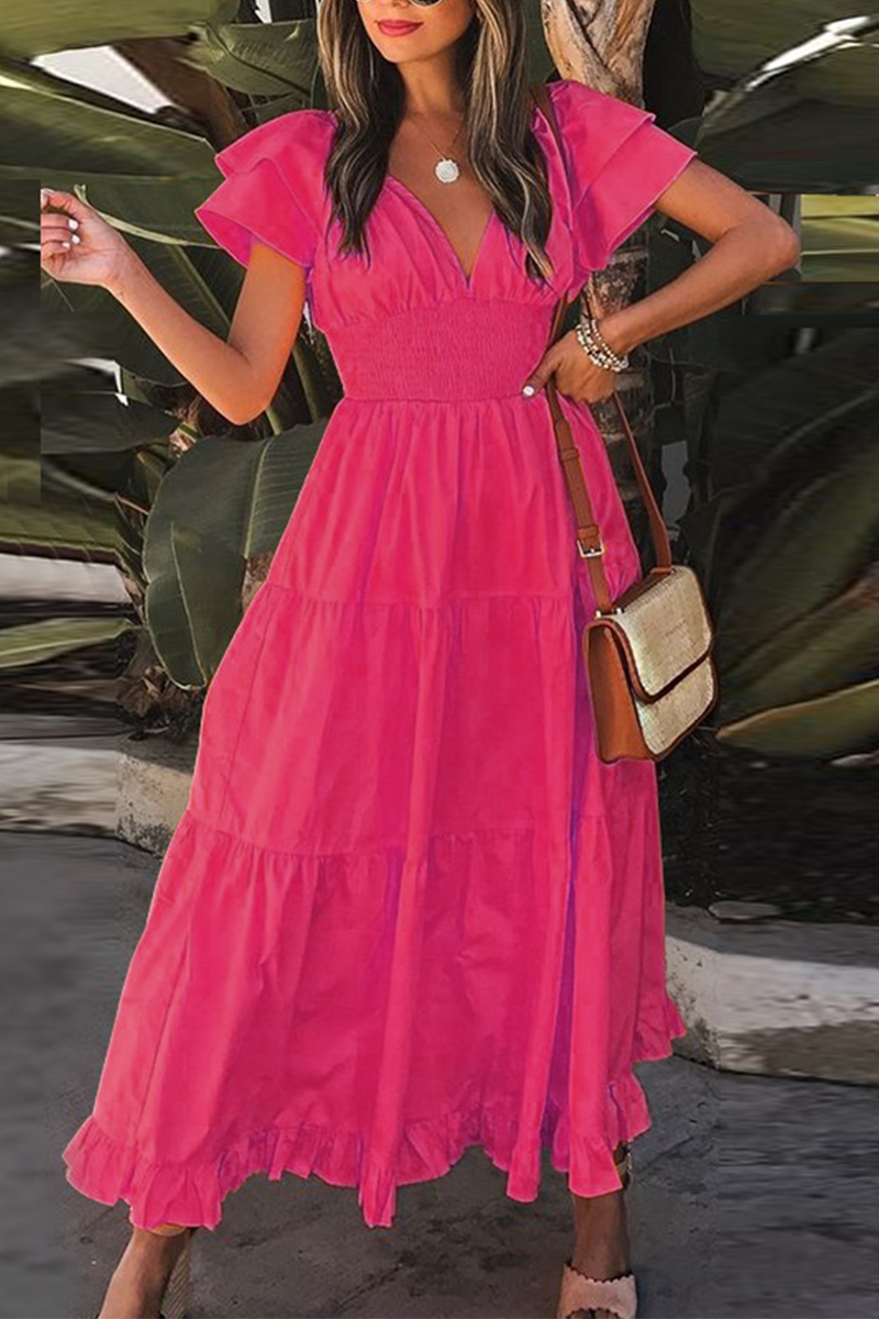 Flounce V Neck Waist Skirt Dresses(3 Colors)