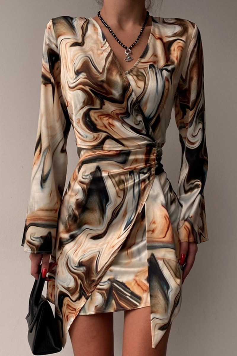 Patchwork Tie-dye V Neck Pencil Skirt Dresses(3 Colors)