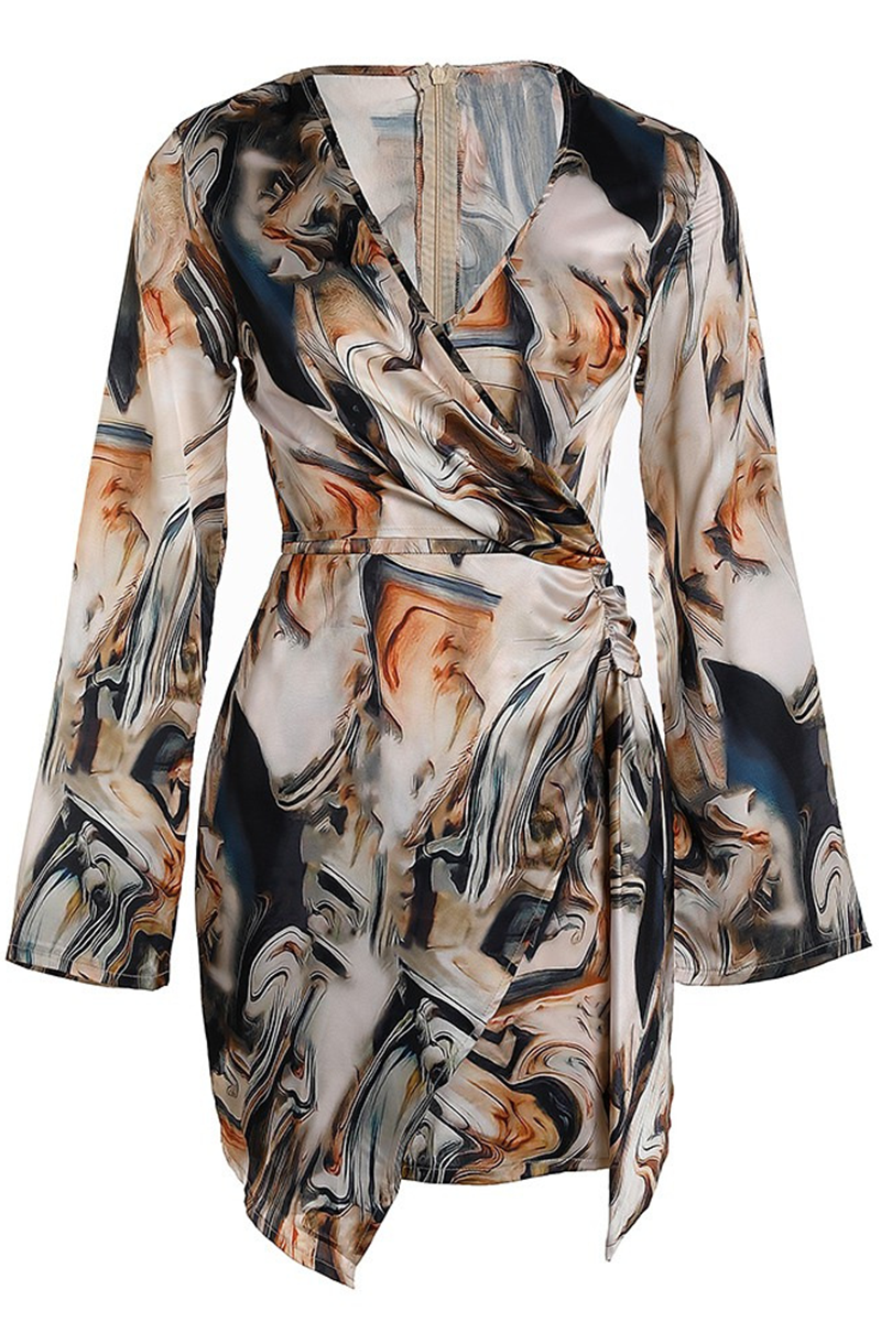 Patchwork Tie-dye V Neck Pencil Skirt Dresses(3 Colors)