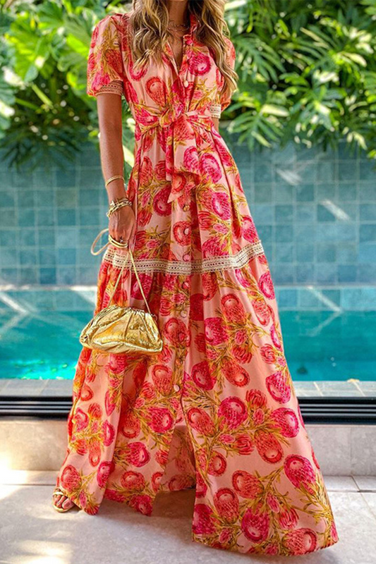 Print V Neck Cake Skirt Dresses