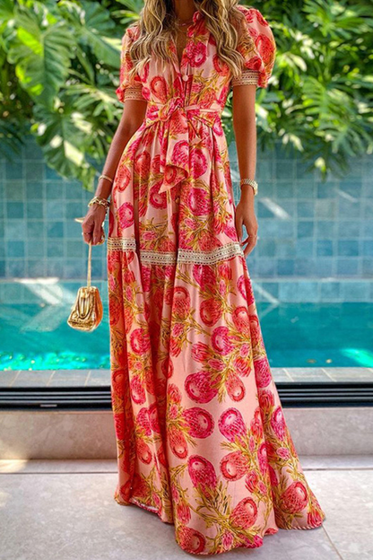 Print V Neck Cake Skirt Dresses