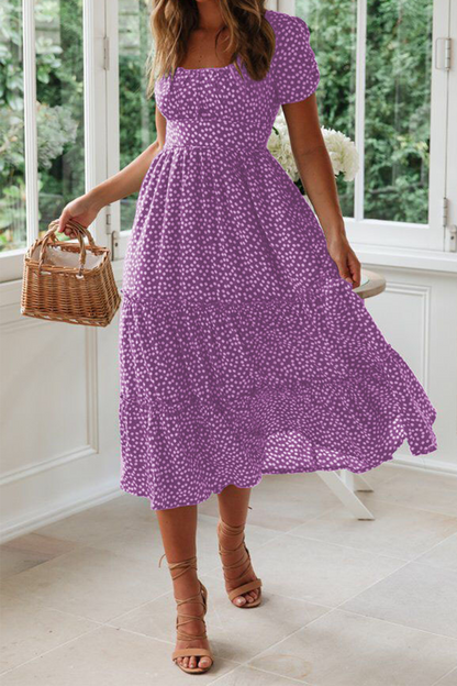 Dot Patchwork Square Collar Cake Skirt Dresses(8 Colors)