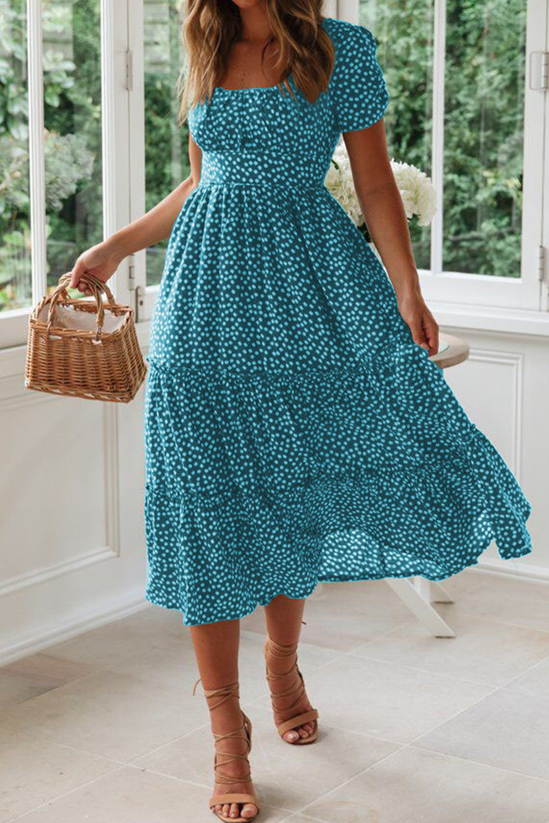 Dot Patchwork Square Collar Cake Skirt Dresses(8 Colors)