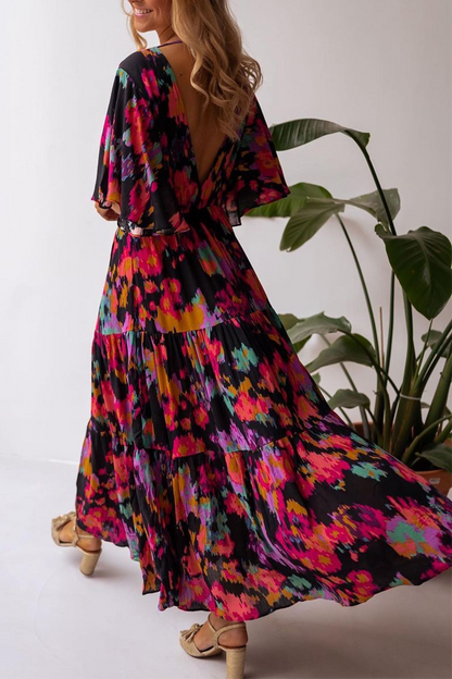 Print Flounce V Neck Cake Skirt Dresses