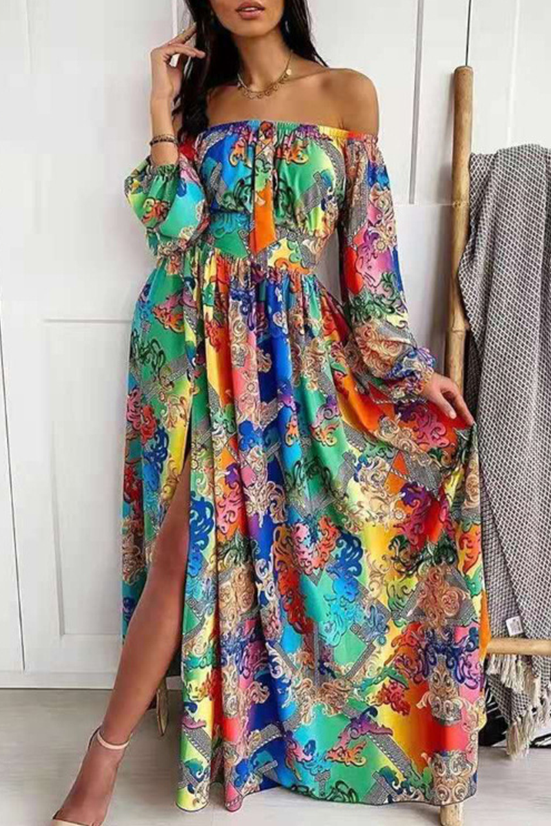 Print Off the Shoulder Waist Skirt Dresses(4 Colors)