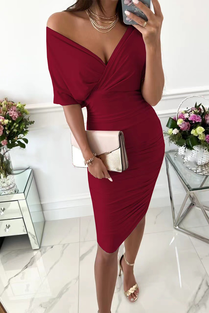 Split Joint V Neck Waist Skirt Dresses(5 Colors)