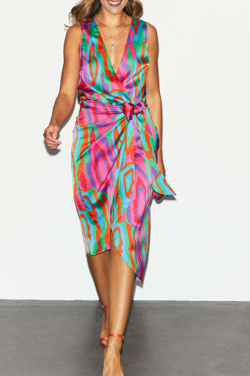 Print Patchwork V Neck Waist Skirt Dresses