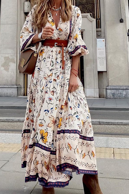 Print V Neck Cake Skirt Dresses