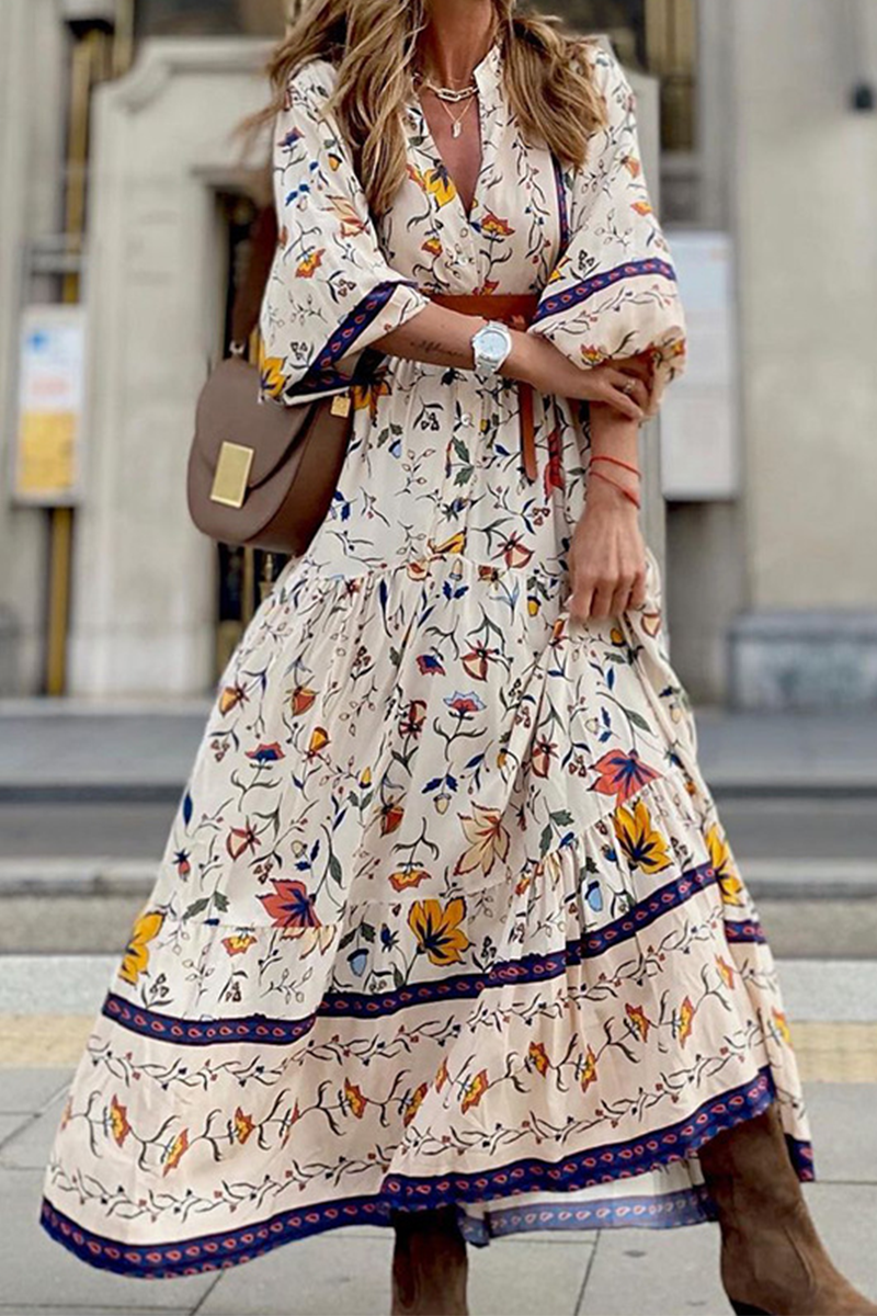 Print V Neck Cake Skirt Dresses