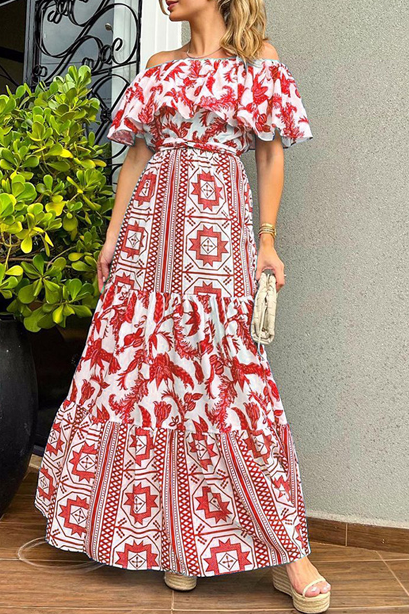 Printoff the Shoulder Cake Skirt Dresses