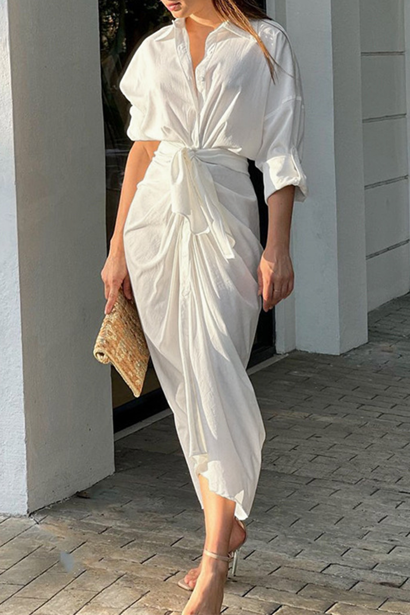 Turndown Collar Waist Skirt Dresses(3 Colors)